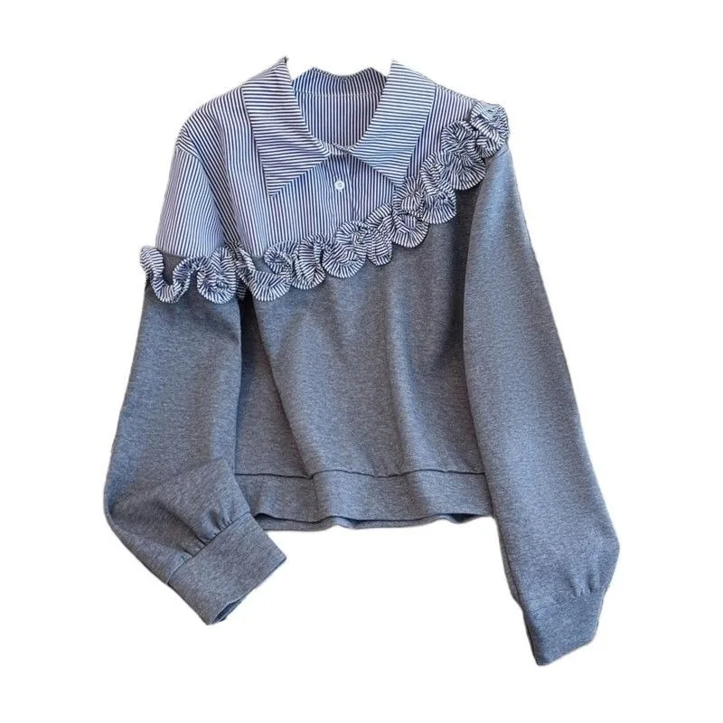 Spring Striped Shirt Stitching Fake Two-piece Sweater Bottoming Shirt Female Design Sense Three-dimensional Flower Blouse Women