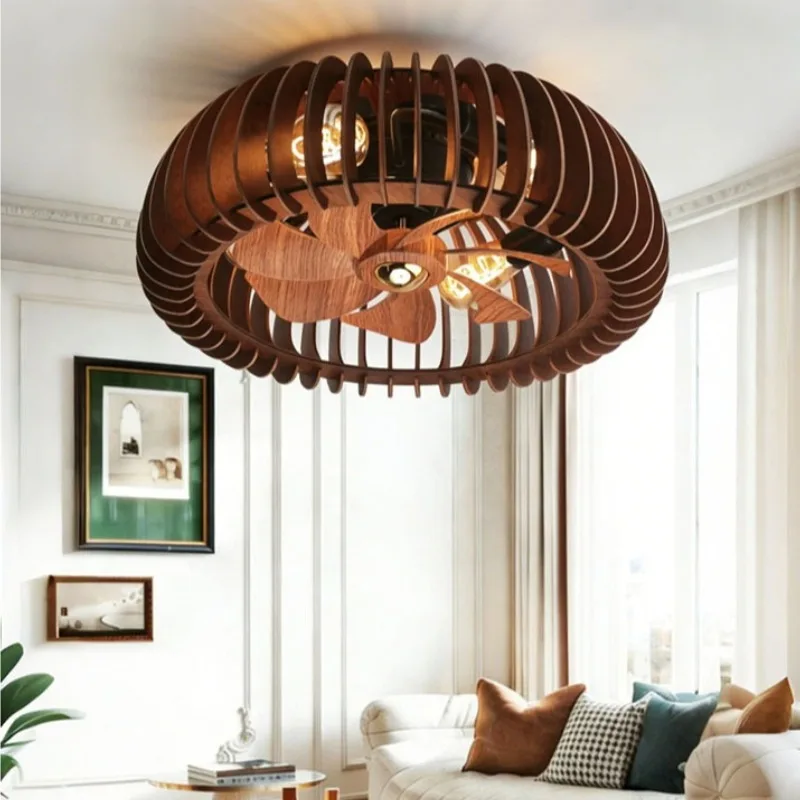 Solid Wood Antique Style Hollow Out Ceiling Fan Lamp French Retro Restaurant Ceiling Fan Light Walnut Living Room Bedroom Silent