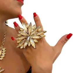Champagne Crystal Geometric Cuff Ring Women Exaggerate Decoration Adjustable Jewelry Rhinestone Finger Ring Wedding Open