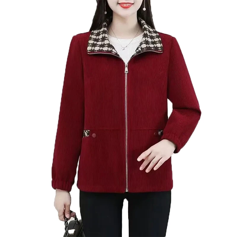 

2023 NEW Middle Aged Elderly Women Fashion Corduroy Coat Loose Spring Autumn Lapel Neck Short Jacket Female Outerwear Tops