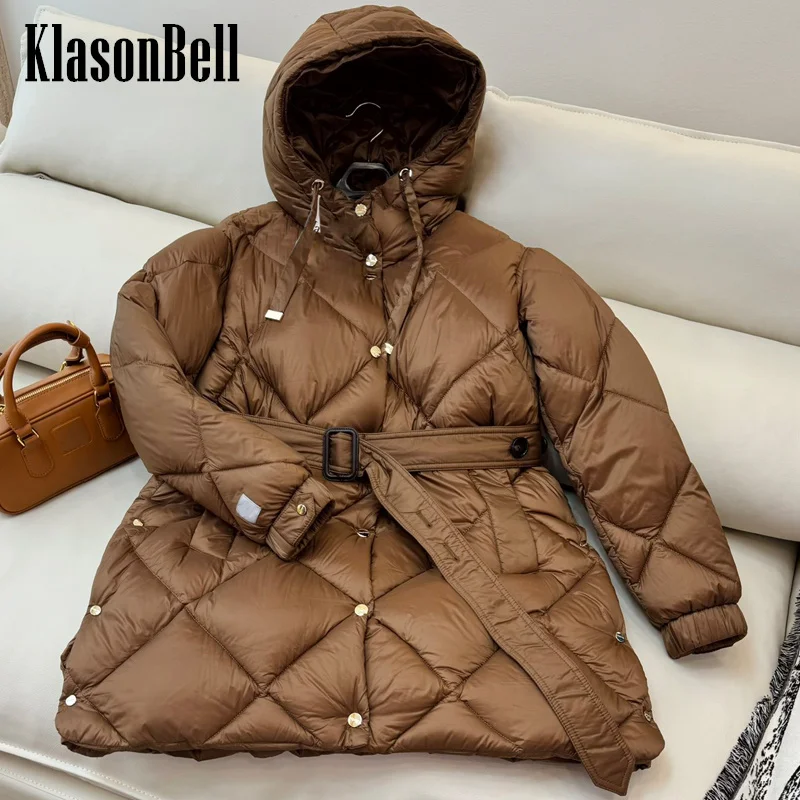 9.5 KlasonBell Women Classic Quilted Argyle Plaid Sashes Goose Down Jacket Autumn Winter Hooded Single Breasted Down Outerwear