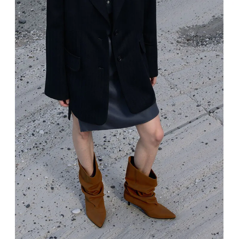 

New In 2026 Autumn Winter Fashion Pointed Toe Women Ankle Boots With Thin Heels Shoes Pleated Ladies Short Booties Slip On Shoes