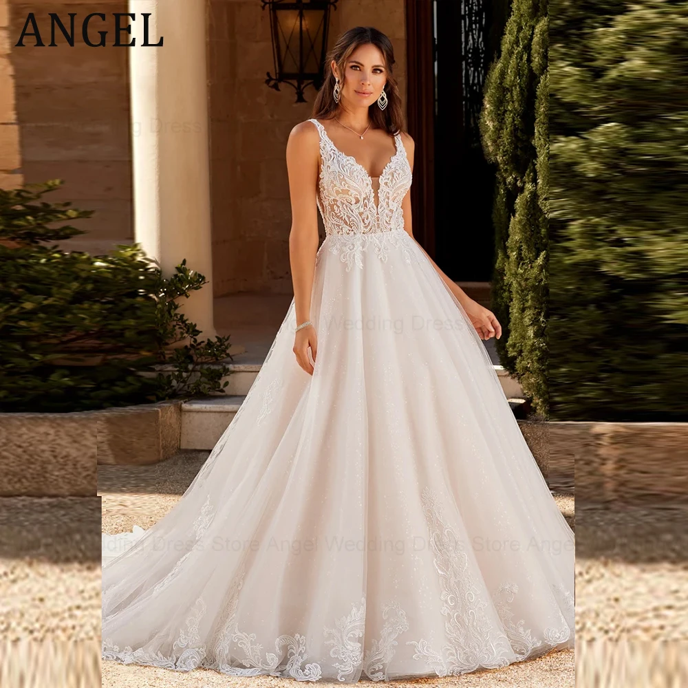 Anjo cintas de espaguete vestido de casamento para mulher personalizado sem mangas apliques robe de mariée tule a linha sem costas festa de noiva