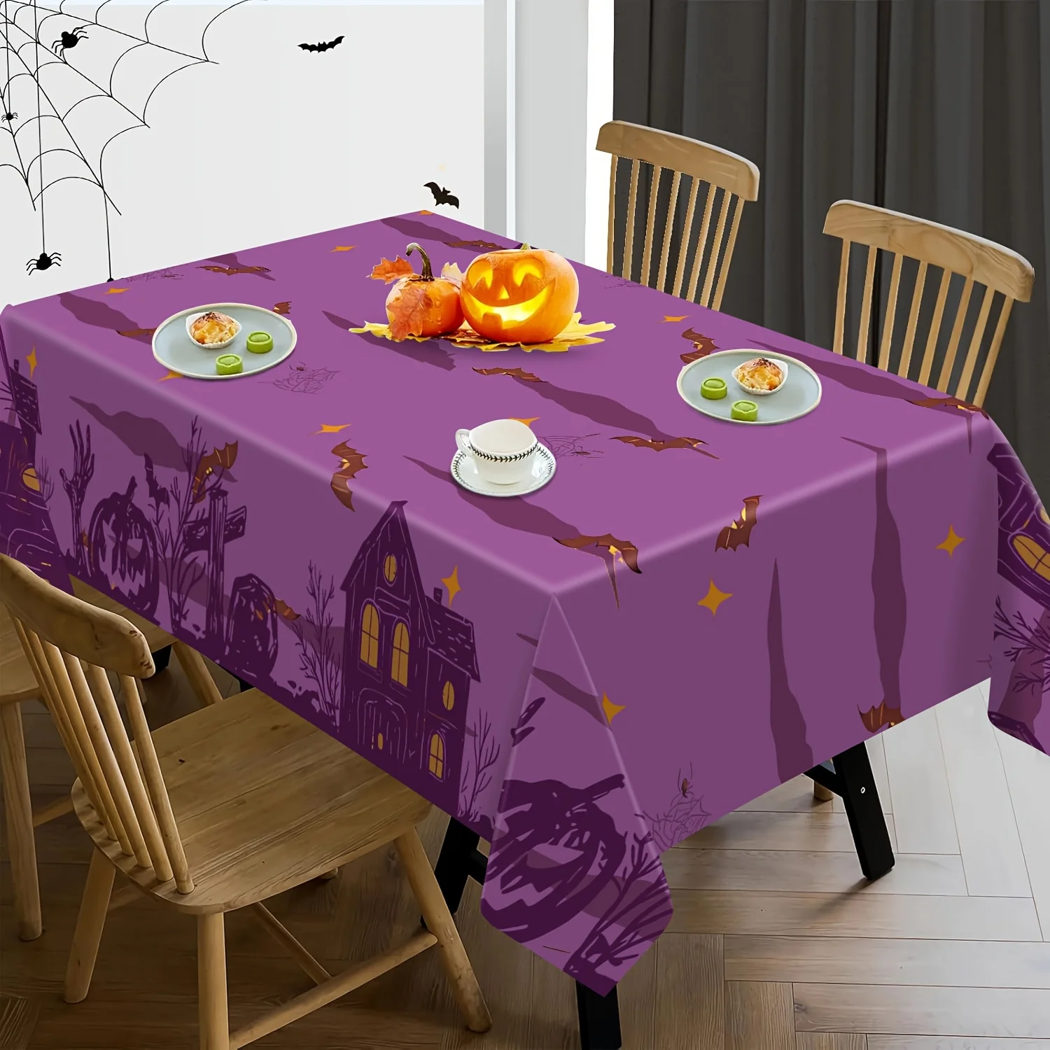Halloween Rectangle Table Cloth Purple Haunted House Bat Spider Pumpkin Tablecloth Halloween Party Home Dining Table Decor