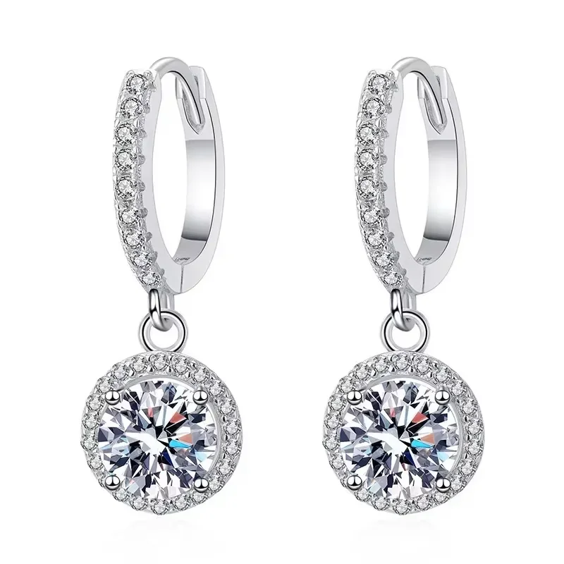925 Sterling Silver 1 Carat Moissanite Round Earrings for Women Luxury Evening Style