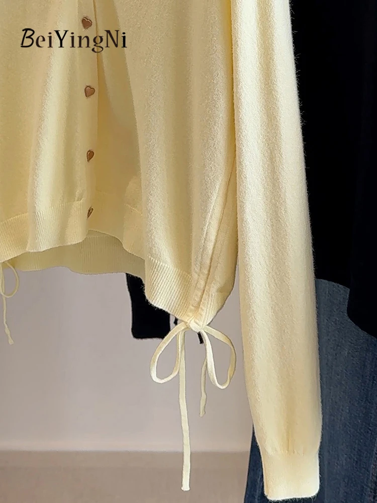 Beiyingni V-neck Knitted Cardigans Female Single-breasted Drawstring Black Casual Women's Sweater Plain Warm 2025 Winter Clothes