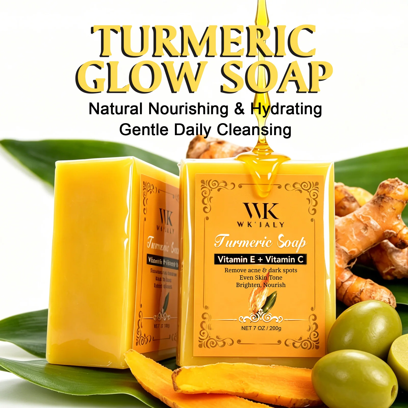 WK JALY Natural Turmeric Soap, Vitamin E + Vitamin C Body Wash, Remove Acne, Dark Spots, Even Skin Tone for Women, 200g/7oz