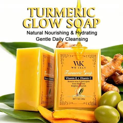 WK JALY Natural Turmeric Soap, Vitamin E + Vitamin C Body Wash, Remove Acne, Dark Spots, Even Skin Tone for Women, 200g/7oz