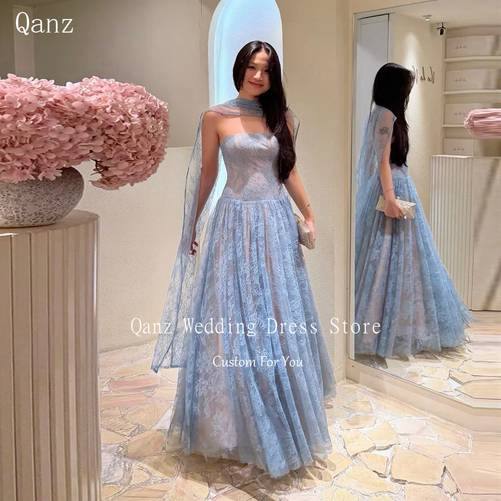 

Qanz Luxury Lace Appliques Evening Dresses Sreapless Long A Line Women's Wedding Party Attire Backless Prom Dress Customized