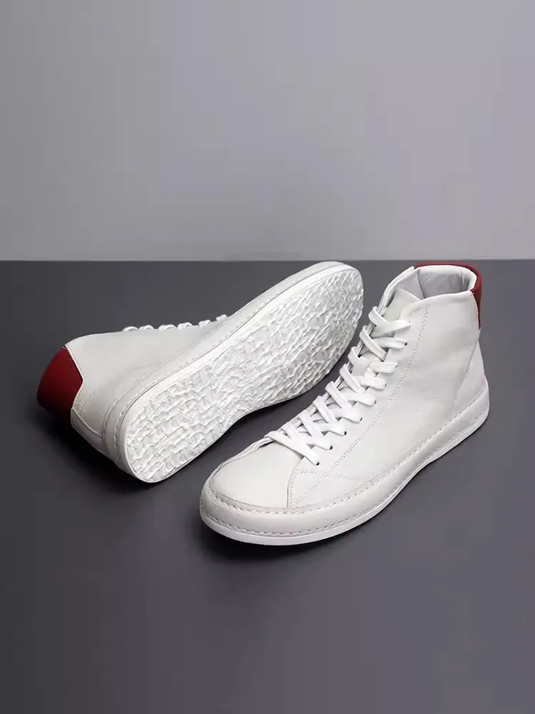 Casual High Top Shoes Men Lace Up Walking Sneakers Flat Shoes Round Toe New Spring Summer Genuine Leather Designer Shoes Male