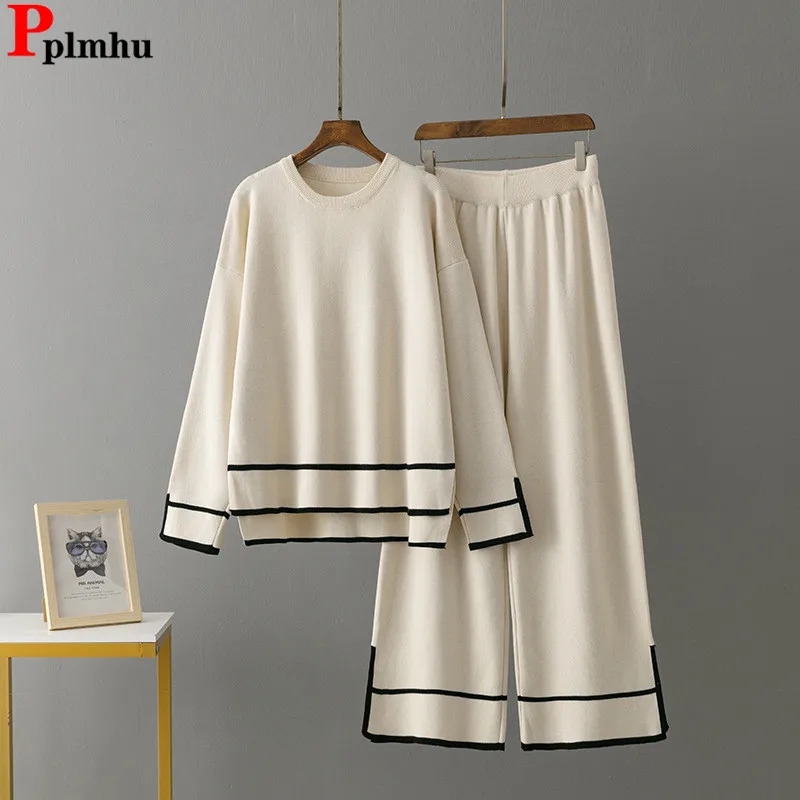 

Spring Fall Knitted 2 Piece Sets Women O-neck Knitwears Sweater Pullover Tops Conjuntos High Waist Loose Wide Leg Pants Outfit