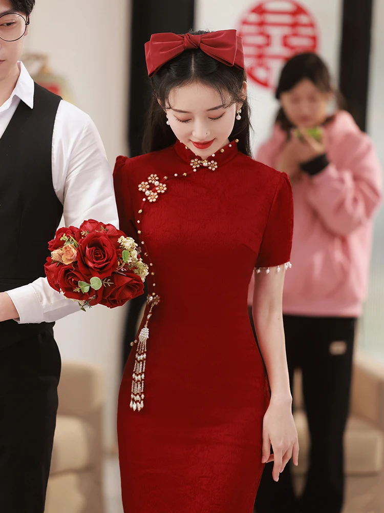 Cheongsam toast bride summer little wine red engagement dress skirt Chinese Huimen young married woman