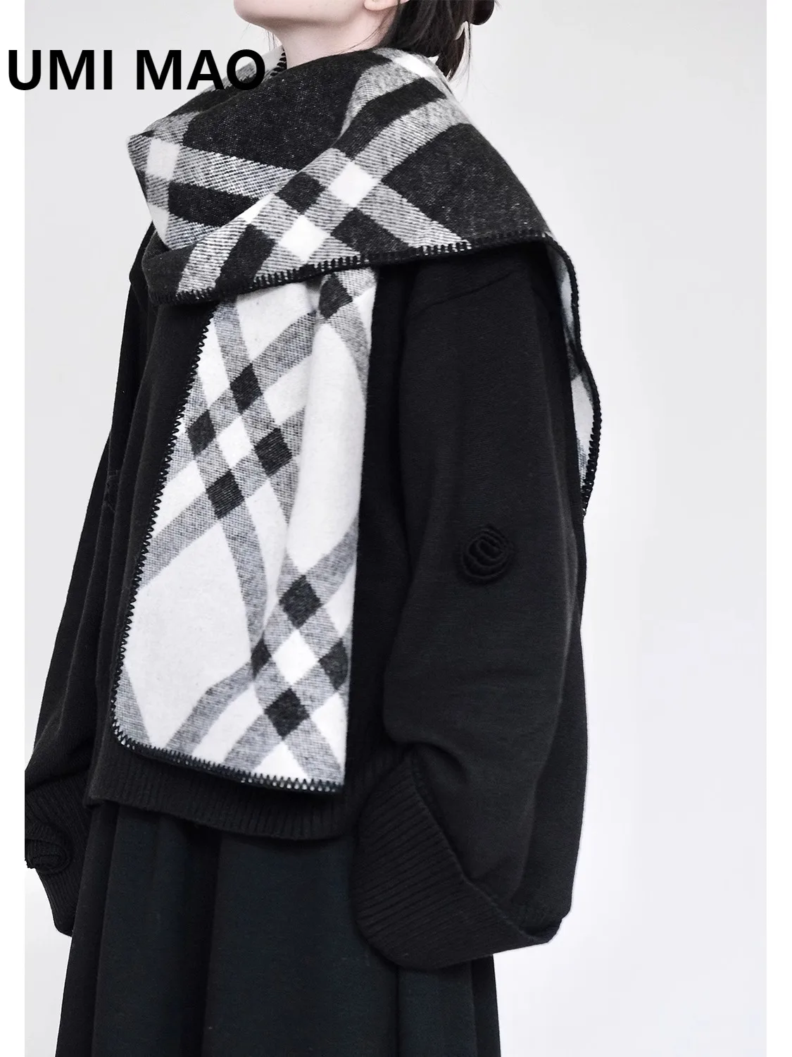 

UMI MAO двусторонний двухцветный клетчатый шерстяной шарф высокой плотности, теплая утепленная шаль для шеи, зимняя шаль