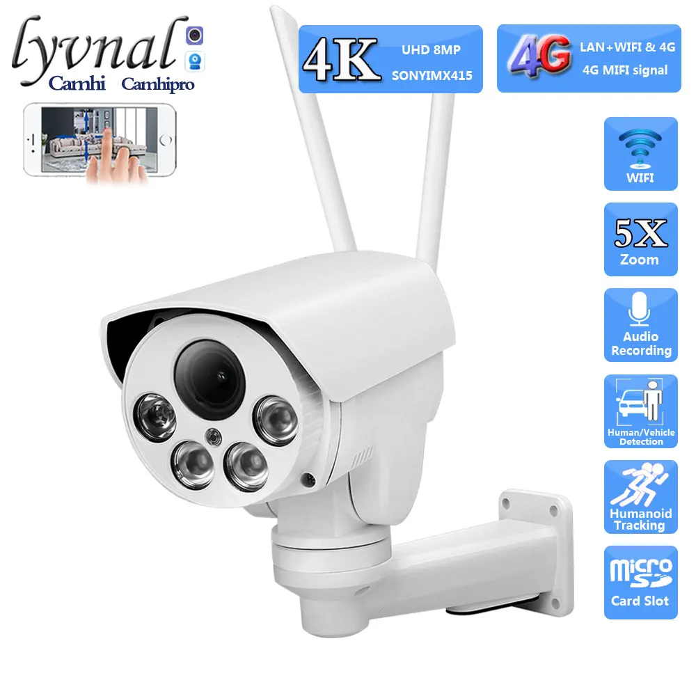 Sonyimx415 무선 보안 IP 카메라, 4K, 8MP, 3G, 4G SIM 카드, 와이파이 PTZ 오디오 불릿, 5X 자동 줌 SD 카드, 사람 감지 IR 50M