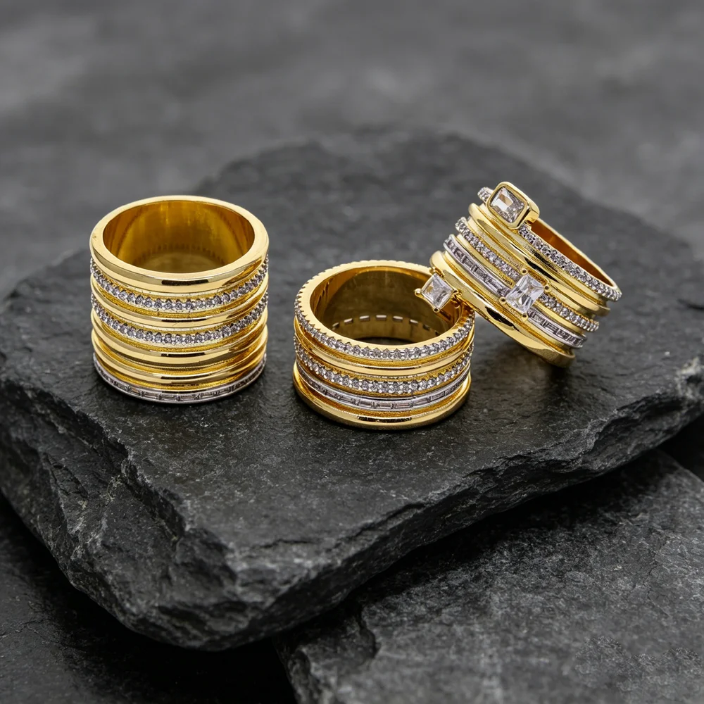 Luxurious multi-layer stackable rings for women, dual-colored gold-plated zircon fashion jewelry for wedding banquets and partie