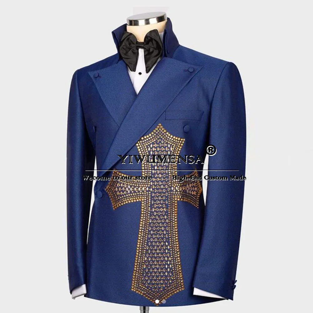 فاخر الذهب مطرز الأحجار دعوى الملابس للرجال 2 قطعة مزدوجة الصدر سترة السراويل سليم صالح العريس الزفاف البدلات الرسمية حسب الطلب