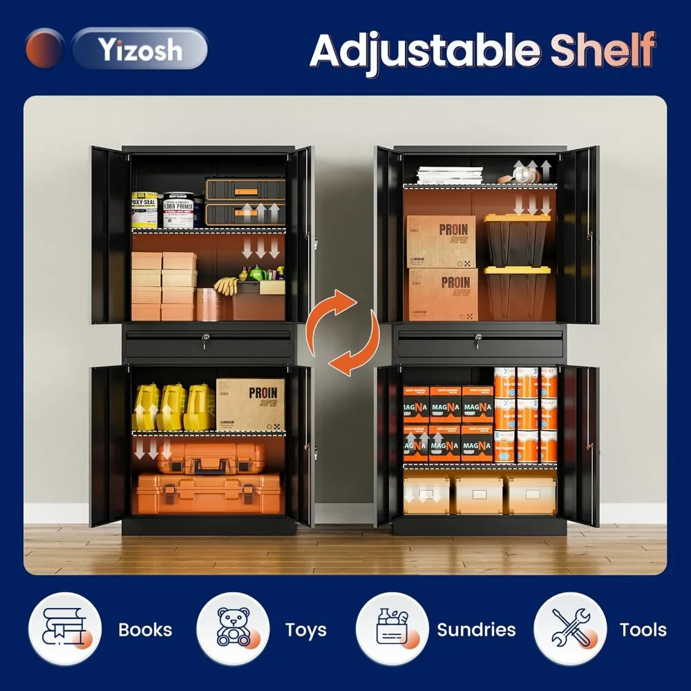 خزانة تخزين جراج معدنية مع أبواب قفل وأرفف قابلة للتعديل، خزانة تخزين أدوات مقاس 71 بوصة مع درج واحد للمرآب #5