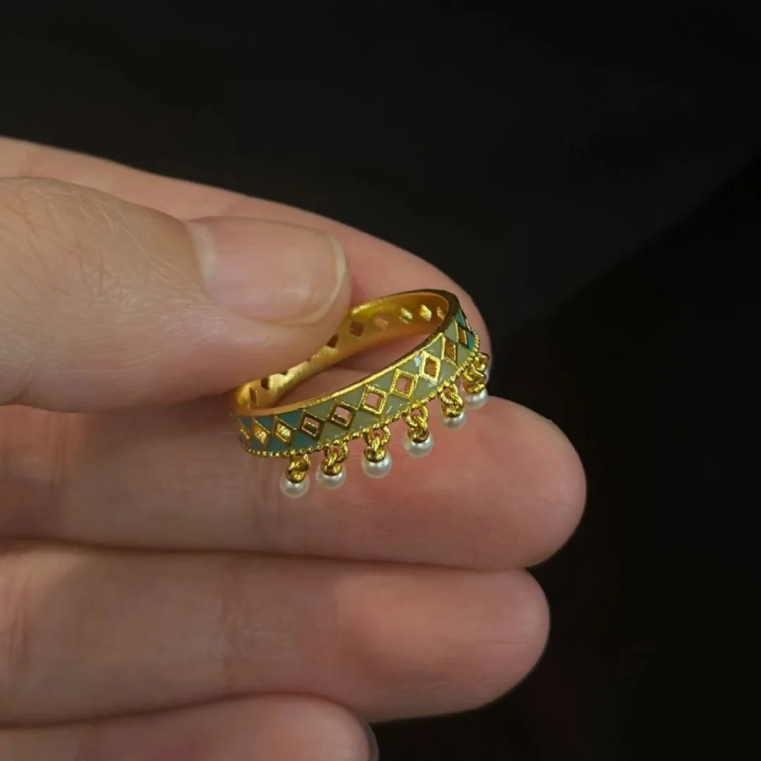 Vintage inlay diamond hollow out tassel pearl rings for women open-end ring light luxury classical couple style banquet jewelry