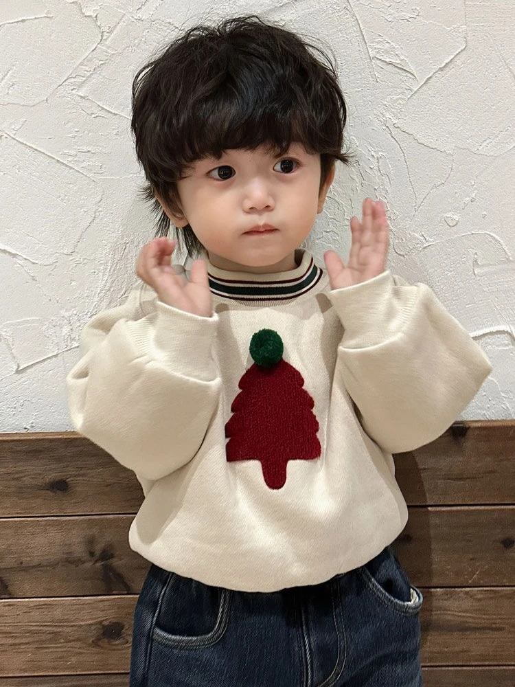 Kids Fleece Lined Sweatshirt Cartoon Embroidery Double Layer Thick Warm Pullover Toddler Boys Girls Winter Tops