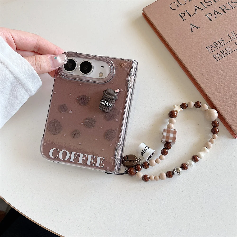 Korean Ins Cartoon Coffee beans Phone Case For iPhone Duo Back Cover with Hand Rope Korean Cute Cases For Apple Duo Fold Fundas