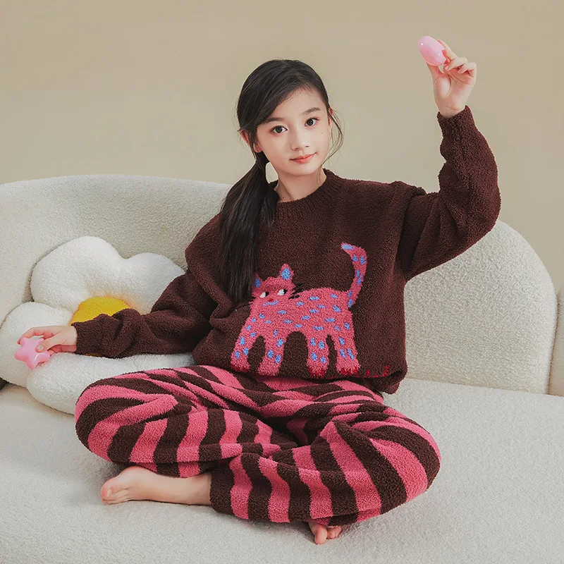 ZOETOP 2024 Winter Children Girl Nightwear School Girlcartoon Cat Warm Coral Velvet Pamajas Pants Warm Home Suits Kids Clothes