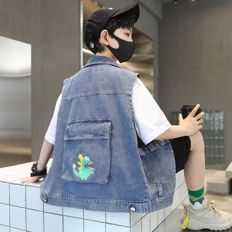 Cool Child Dinosaur Denim Vest For Boys High Street Waistcoat Outerwear Kids Child New Spring Sleeveless Jacket Costume Age 5-14