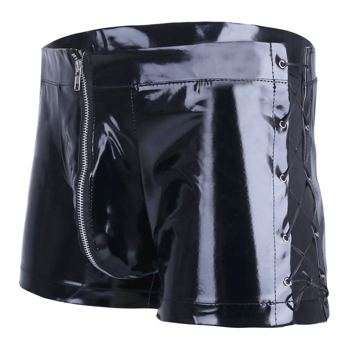 Mens Short Pants PVC Mirror Shiny Leather Boxer Shorts Sexy Zipper Open Leather Shorts for Men