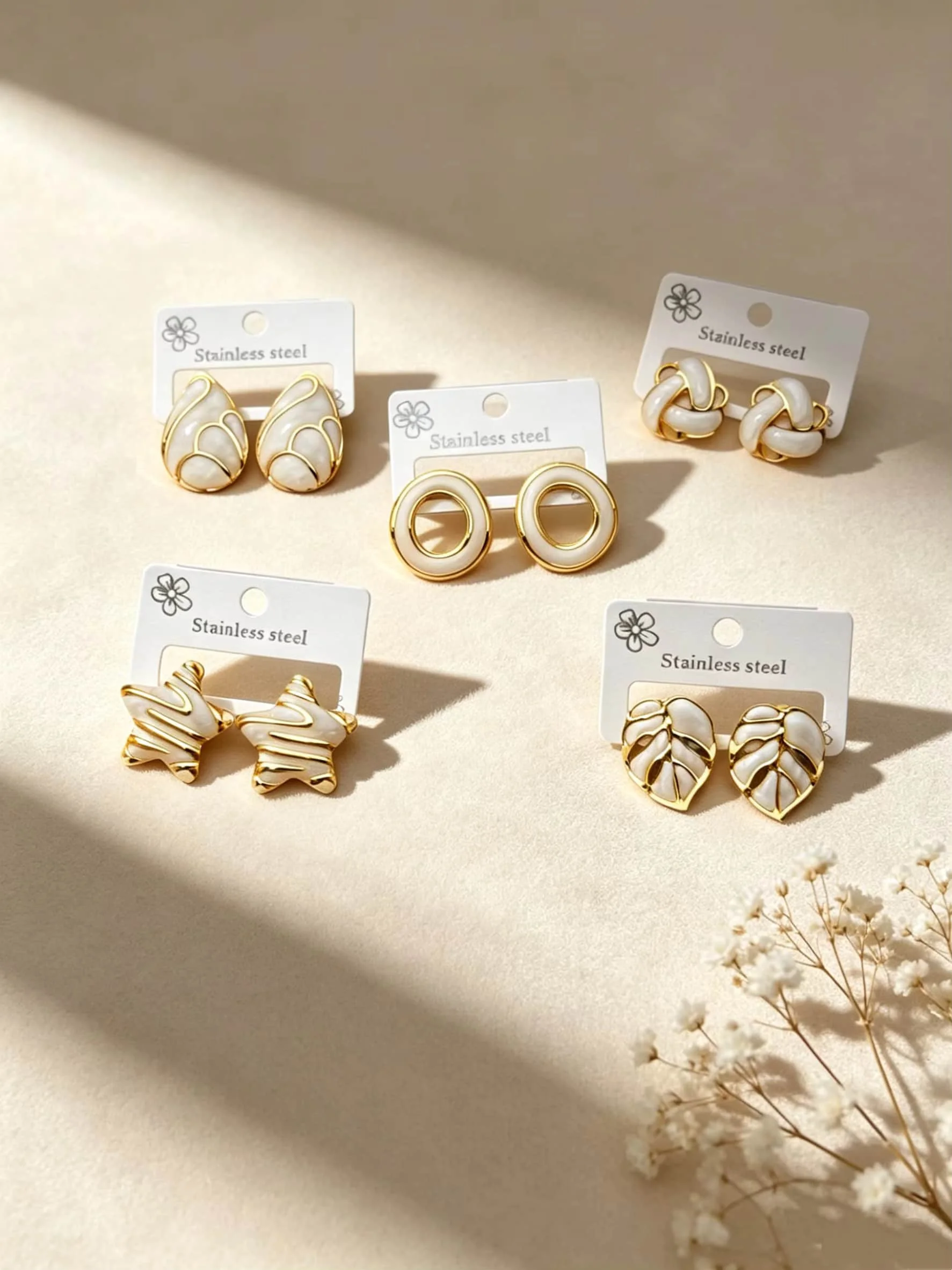 5 Pairs Gold White Enamel Stainless Steel Stud Earrings Set for Women, Leaf Knot Circle Star Ear Jewelry Gift