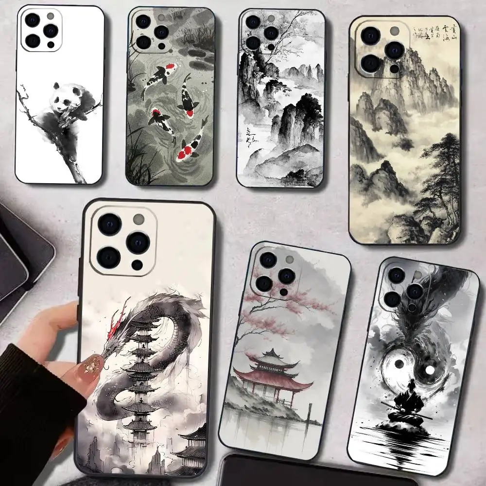 

Chinese Landscape Painting Phone Case For iPhone17,16,15,14,13,12,11 Plus,Pro Max Soft Black Cover