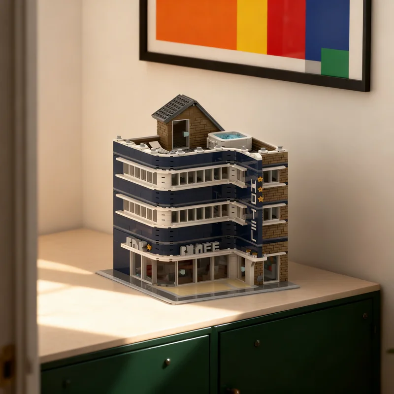 

2840 деталей MOC: Современный угловой отель, модульная модель городской улицы, строительные блоки, архитектурные игрушки, рождественские подарки, развивающие игрушки для детей, сделай сам