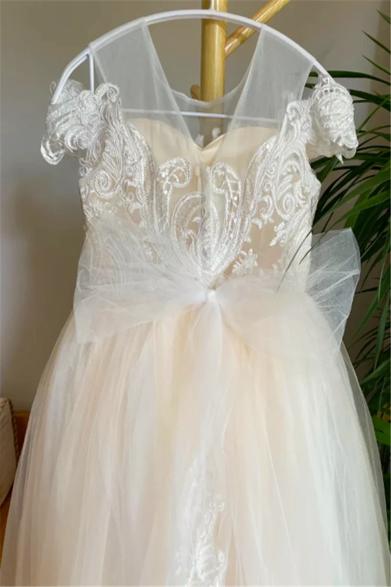 White Short-sleeved Tulle Lace Printing Flower Girl Dresses For Wedding Puffy Baby First Communion Dress Dream Surprise Gift