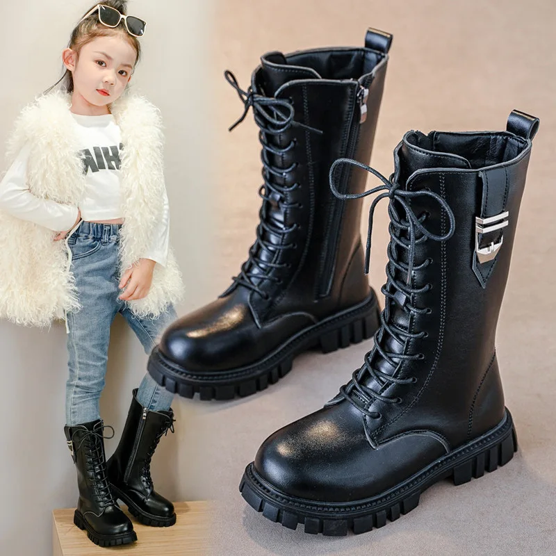 Fashion Side Zipper Girls Casual Boots Autumn/winter British Round Toe Thick Sole Lace-Up Comfortable Children's Mid-calf Boots