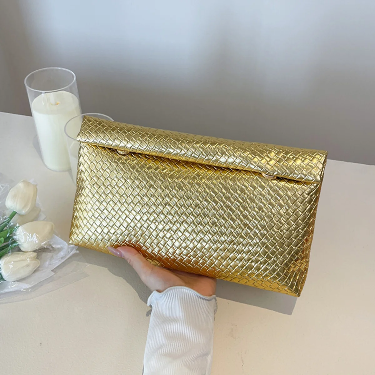 Fashion Women Dinner Bag Soft PU Leather Clutch Bag Weaving Texture Solid Color Coin Purse Lipsticks for Banquet Dance