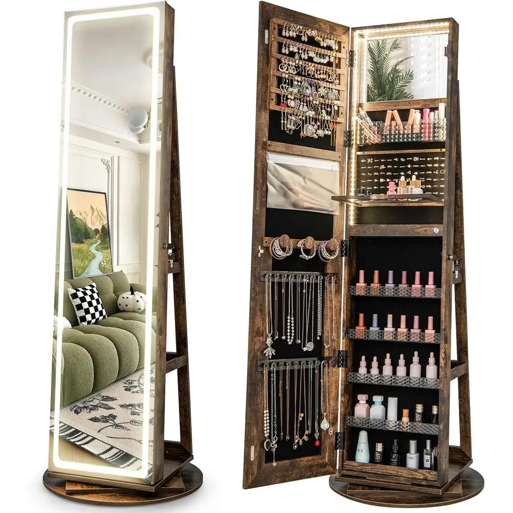 

Rotating Armoire with LED-lit Mirrors, Lockable Storage Cabinet, Large Organizer in Rustic Brown