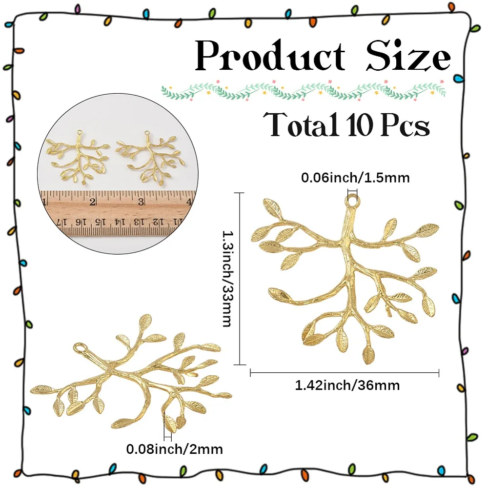 10Pcs Brass Pendants Branch and Leaf Lead Free Cadmium Free Nickel Free Raw(Unplated) 33x36x2mm Hole: 1.5mm