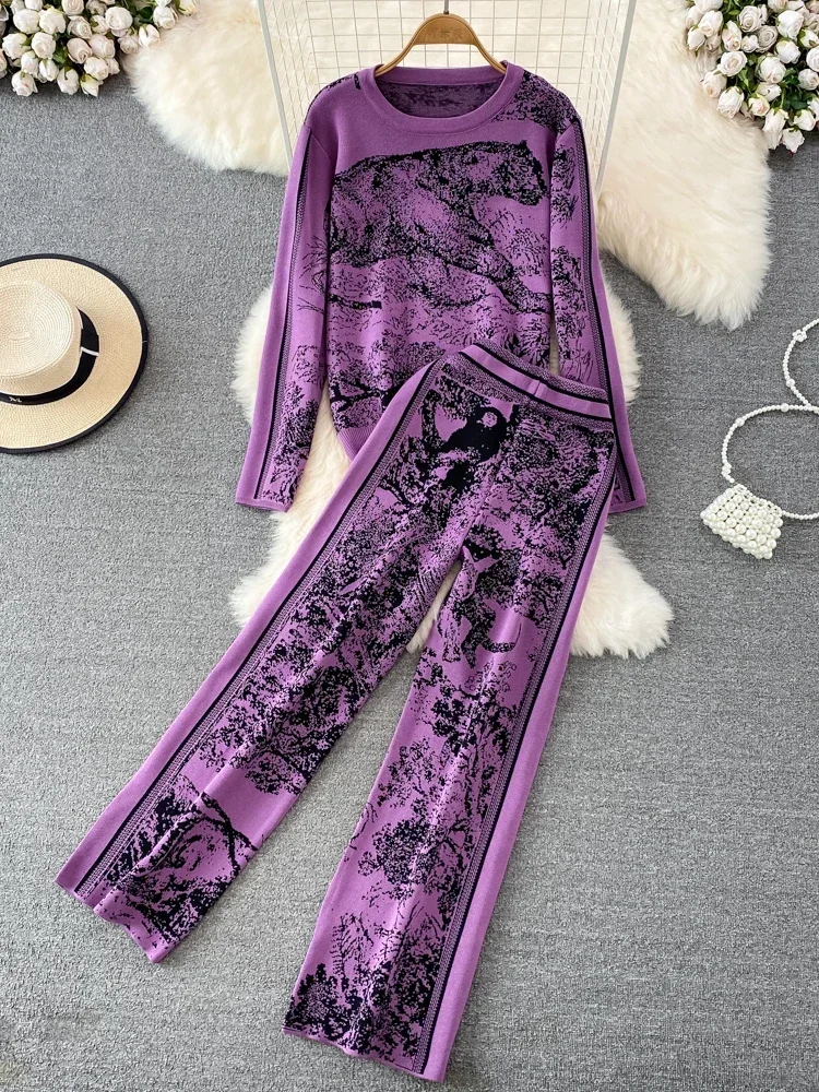 Women Casual Street Style Two-piece Vintage Round Neck Tiger Jacquard Knitt Top High Waist Straight Leg Wide Leg Pant for Women