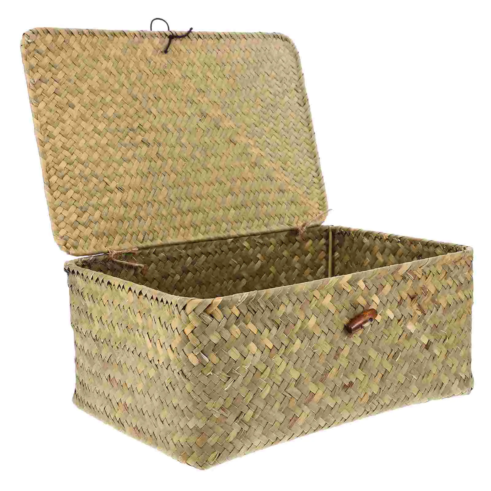 Rattan Basket with Lid Straw Woven Storage Baskets Container Wooden Table Decor