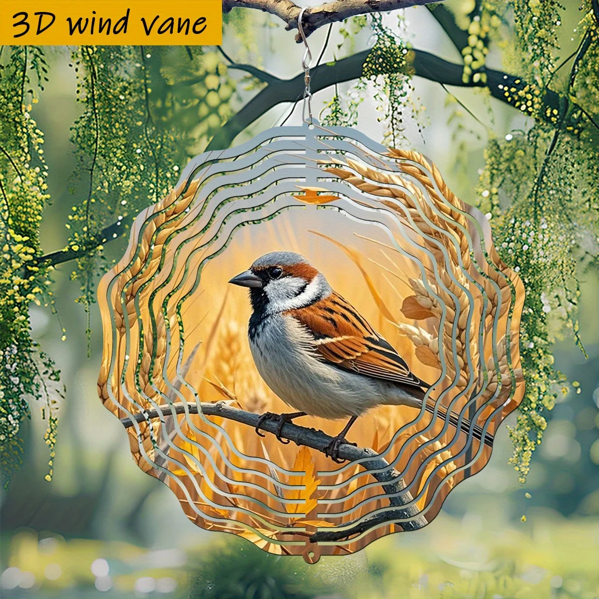 3D Bird on Wheat Branch Wind Spinner - 10 Inch Metal Art with 360 Swivel Hook for Balcony Garden Spring Summer Gift