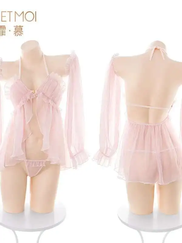 New Sexy 2025 Hanging Neck Backless Hollow Out Mesh Sheer Dress Women Solid Color Loose Casual Versatile Sweet Short Dress FIBD