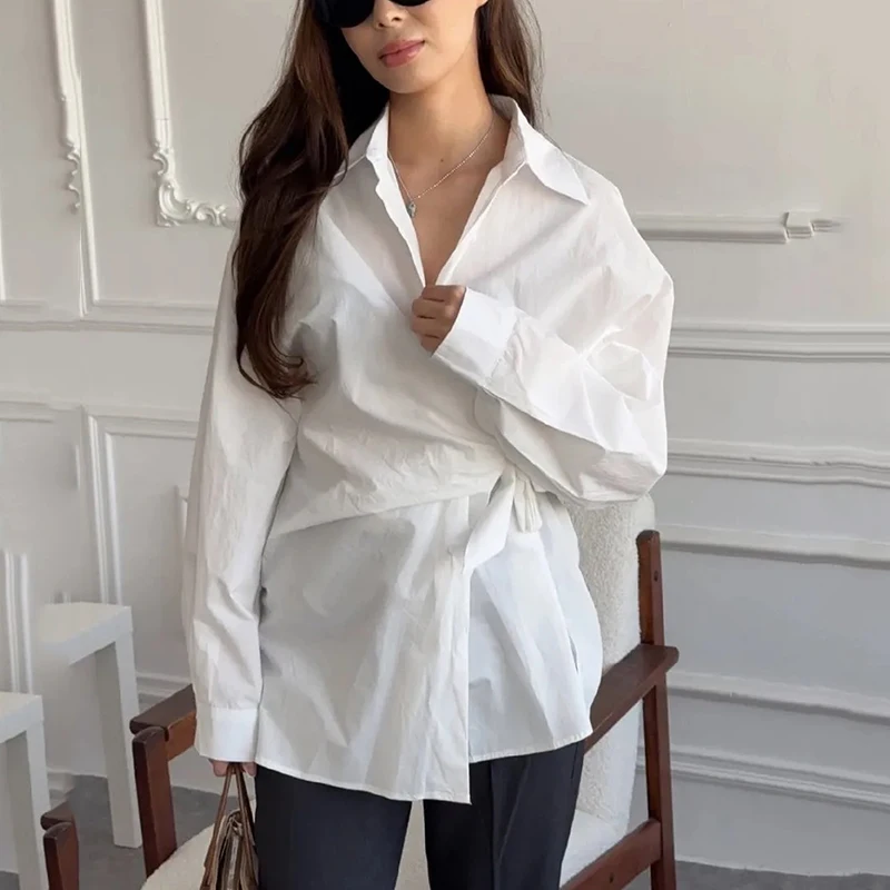 

Temperament Side Lace Up Long Sleeve Shirts Women Single Breasted Strap Waist Design Chic Blouse Woman Lapel Solid Loose Shirt