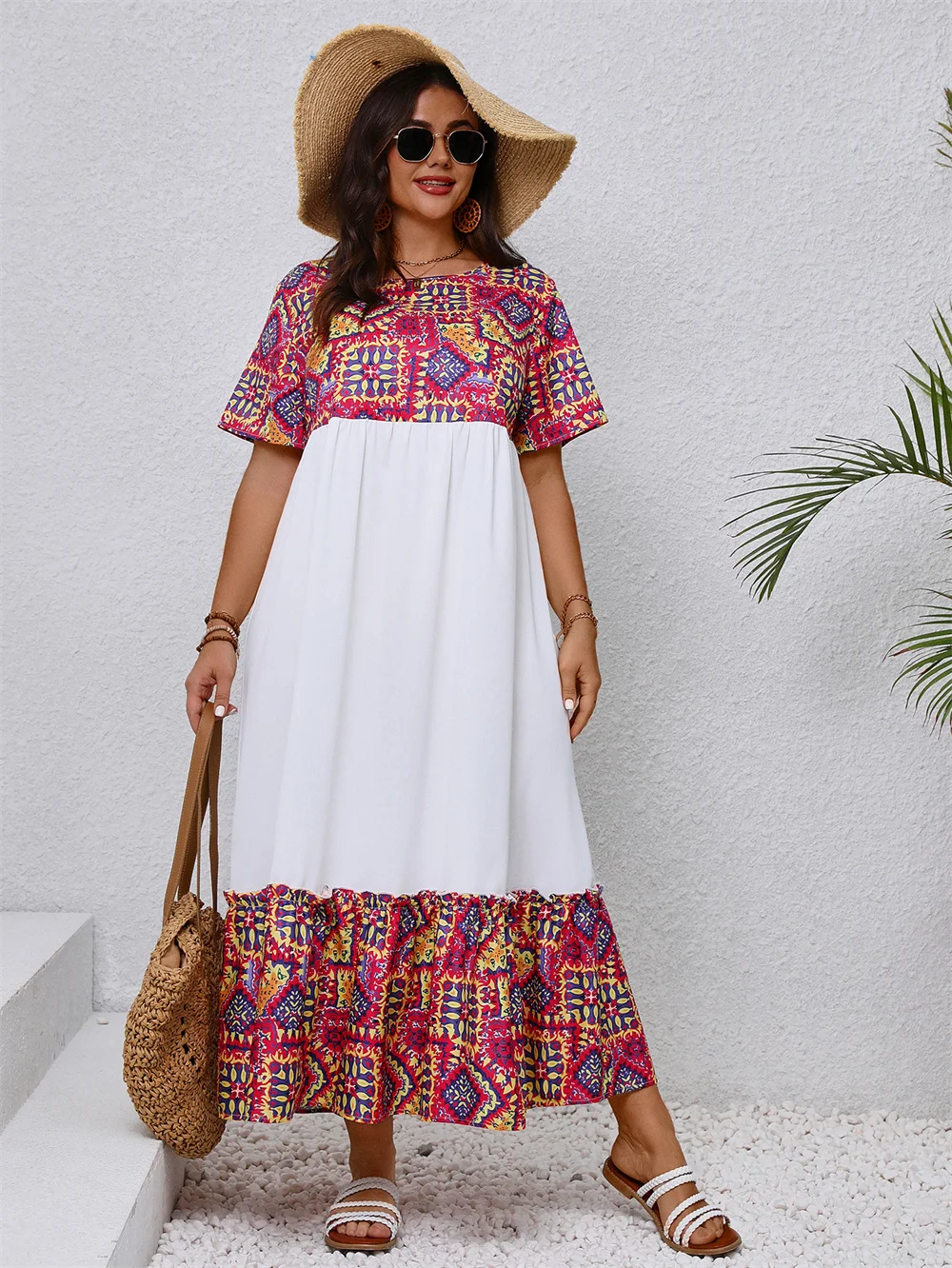 GIBSIE Plus Size Vacation Bohemian Style Long Dress Women Summer Loose O-Neck Short Sleeve Beach A-line Big Swing Maxi Dresses