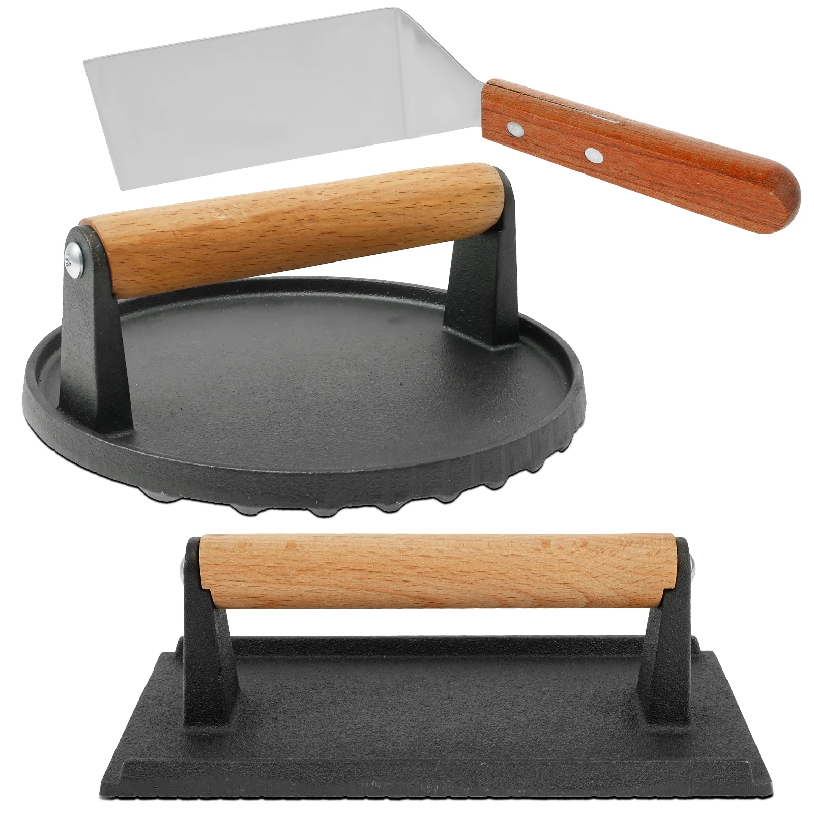 

3Pcs Efficient Smash Burger Kit with Spatula Cast Iron Burger Press with Wood Handle for Outdoor Grilling Camping Home Cooking