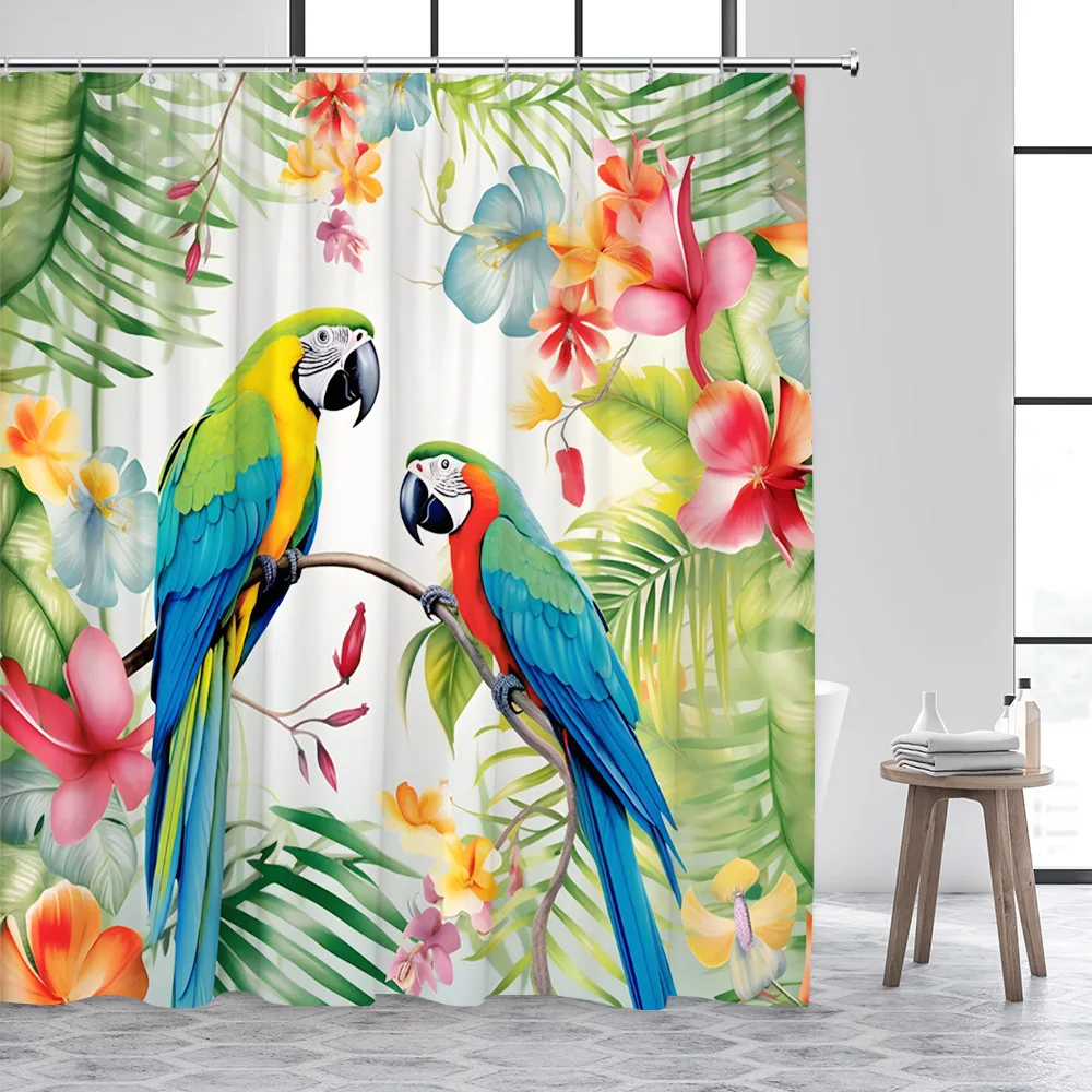 Parrot Shower Curtains Tropical Monstera Palm Leaf Watercolour Floral Plant Leaves Bath Curtain Fabric Bathroom Decor with Hooks