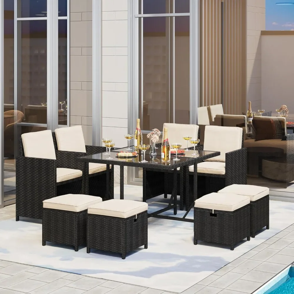 9-Piece Patio Dining Sets, Outdoor Space Saving Rattan Chairs with Glass Table, Wicker Sectional Conversation Furniture Set