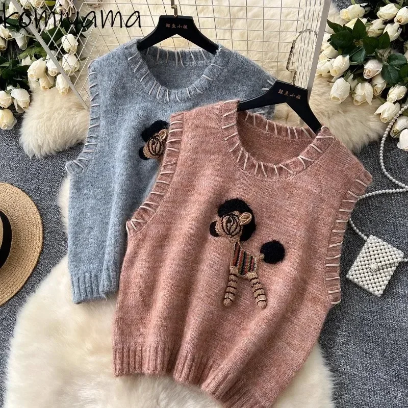 Sweet Kawaii Outerwears Spliced Embroidery Chalecos Mujeres Knitted Vest Tops O-neck Sleeveless Ropa Fashion All-match Sweater