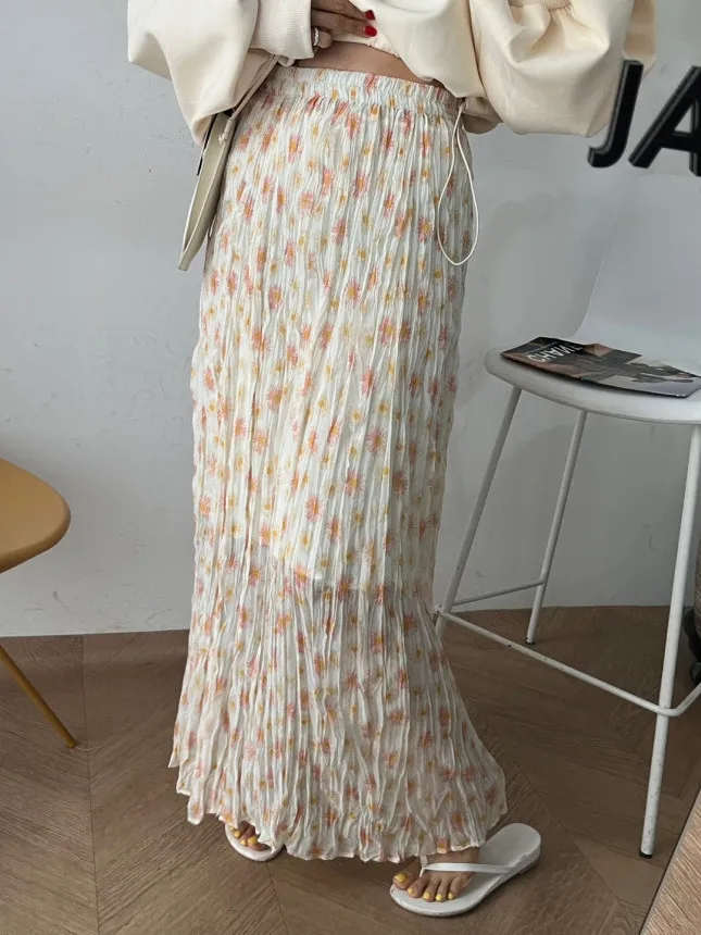 

Модная женская юбка с цветочным принтом на весну 2026 года, с эластичной талией, плиссированная, в пол, с омолаживающим дизайном, в корейском стиле