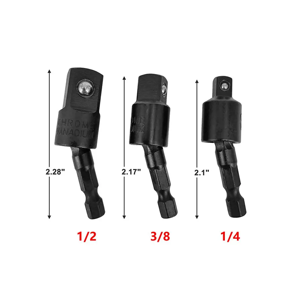 3Pcs 360 Degree Rotatable Electric Power Drill Sockets Adapter Sets for Impact Driver with Hex Shank 1/4