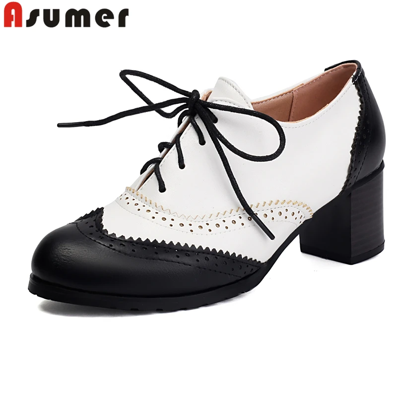 

ASUMER Plus Size 35-45 New High Heels Women Pumps Lace Up Mixed Color PU Leather Chunky Heels Office Daily Dress Shoes