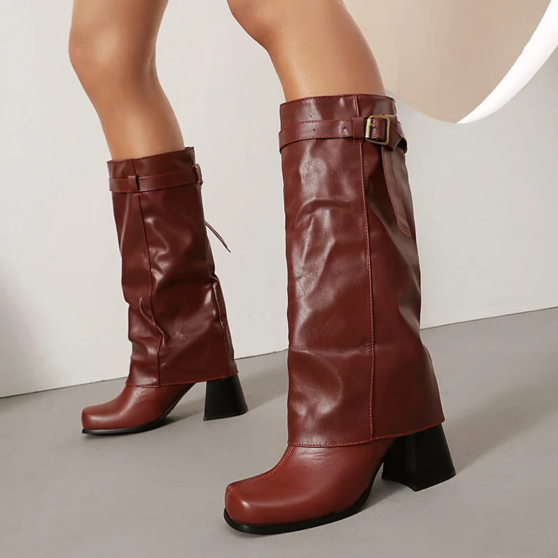 

Фланцевые мягкие ботинки из искусственной кожи с пряжкой на ремне, круглый носок, конический толстый каблук, женские сапоги до колена с плюшевой подкладкой, рыцарские сапоги без шнуровки
