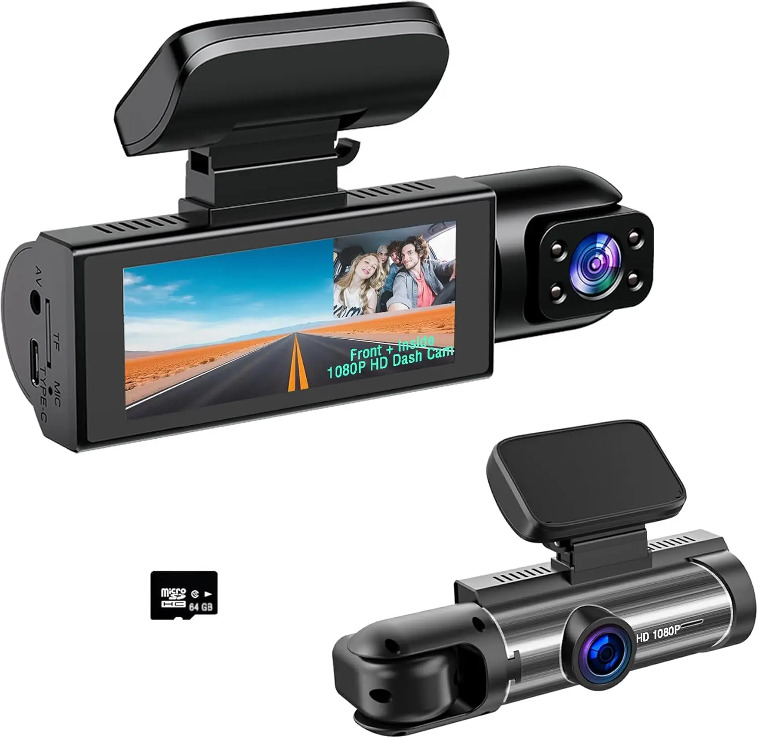 

Dual Dash Cam Front Rear 1080P HD IR Night Vision with 64GB Card, 170° Wide Angle, 3.16” IPS Screen, G-Sensor, Parking Monitor,